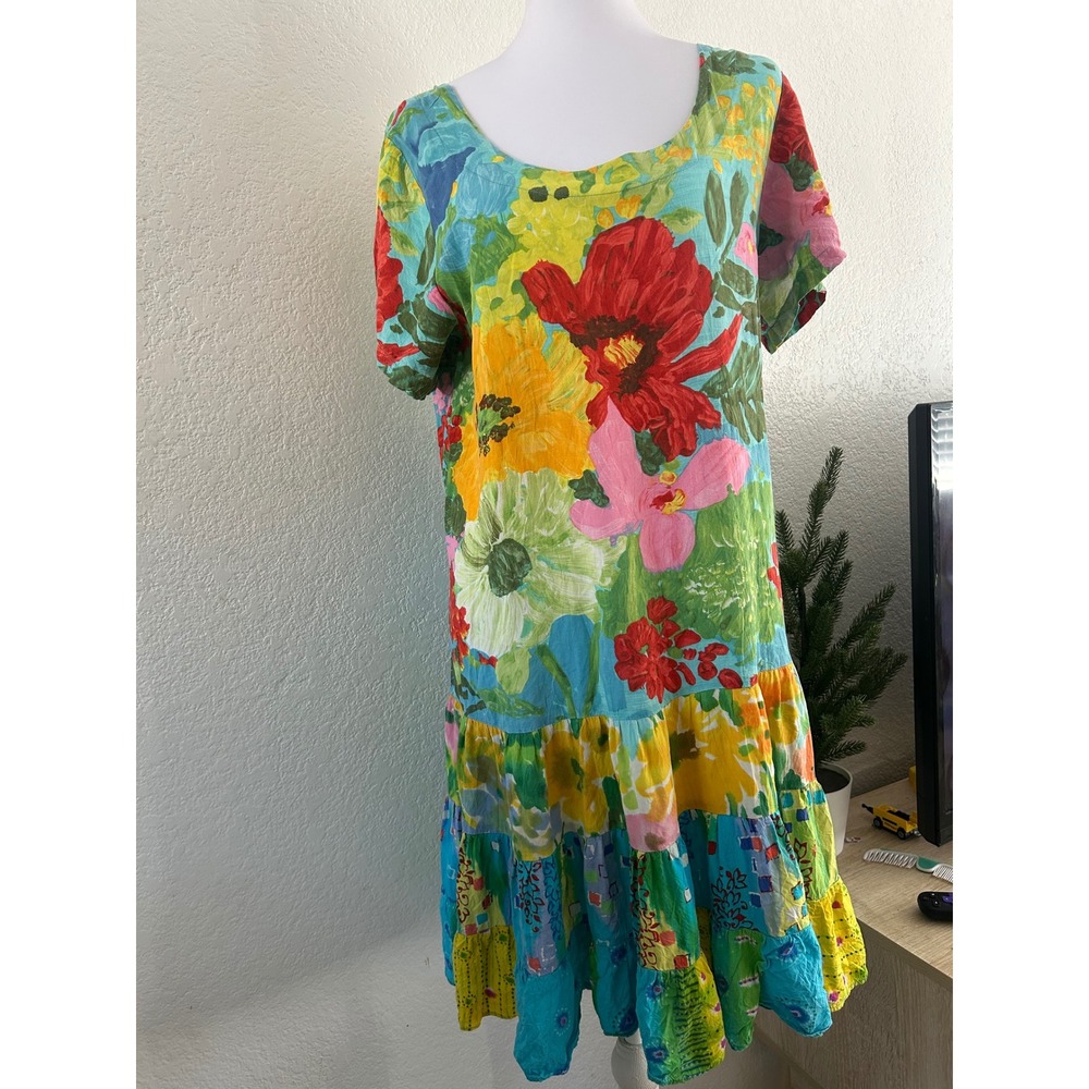 Vintage Jams World Tropical Floral Patchwork Tiered Midi Dress L 2000s Dopamine - Picture 9 of 13